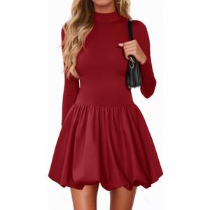 Wenrine Women Long Sleeve Bubble Mini Dress Bodycon Mock Neck Casual 2025 Cocktail Club Party Dresses (Medium, Burgundy)