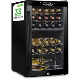 Nutrichef 33 Bottle Wine Fridge | Dual Zone Wine Cooler | Adjustable Temperature Control 41F to 64F | Ultra Quiet Operation | Freestanding Wine Chiller for Home & Office | 33x19x17 IN