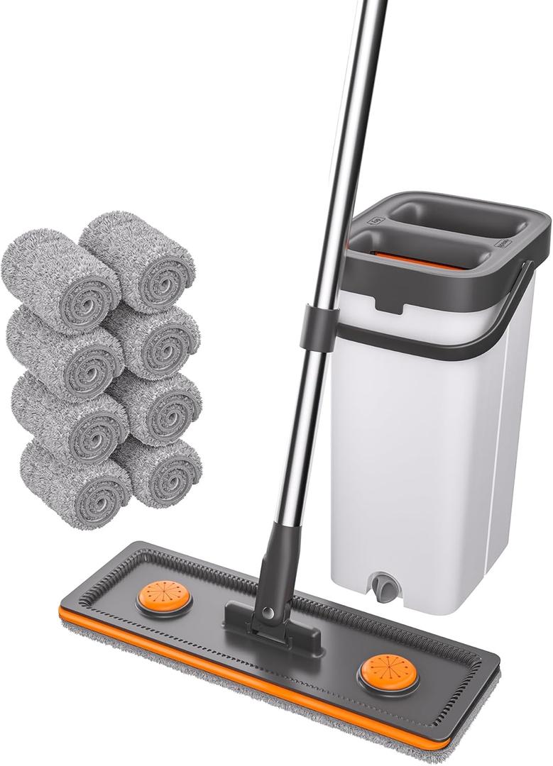 O-MART Mop & Bucket Set, Hands Free Flat Wet Dry Mop with Wringer, Separates Dirty & Clean Water, 360 Rotating, Microfiber Pads for Floor & Wall Cleaning(Mop and Bucket Set with 8 Pads)