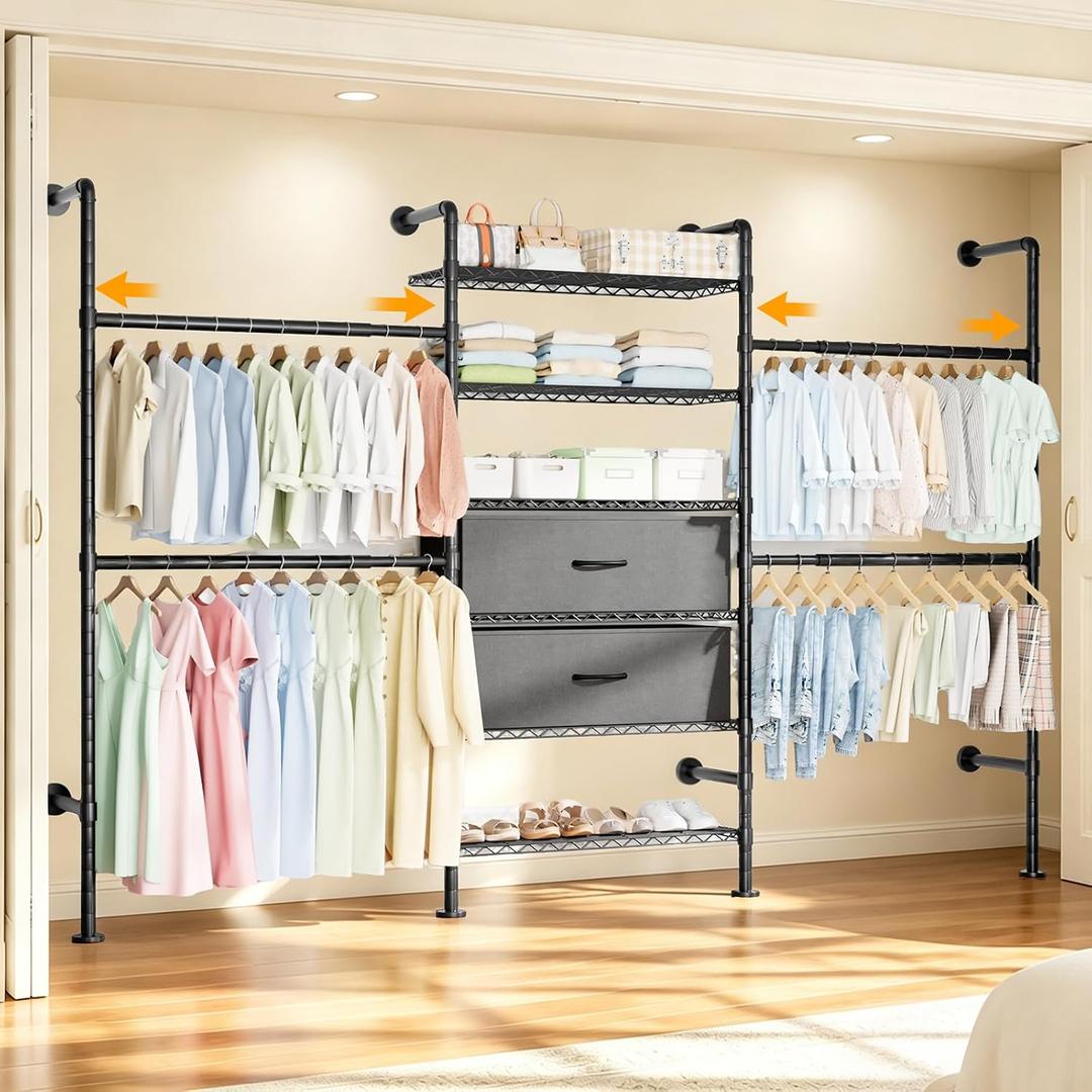 Wall Mounted Clothes Rack with 2 Drawers, 3 Row Expandable Closet