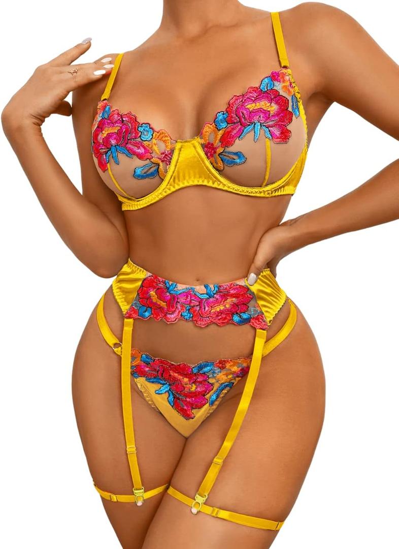 Kaei&Shi Lingerie Garter Set,Underwire Floral Embroidered Sheer Lace Lingerie,3 Piece Sexy Boudoir Outfits Valentines Day (2-4, Mustard Yellow)
