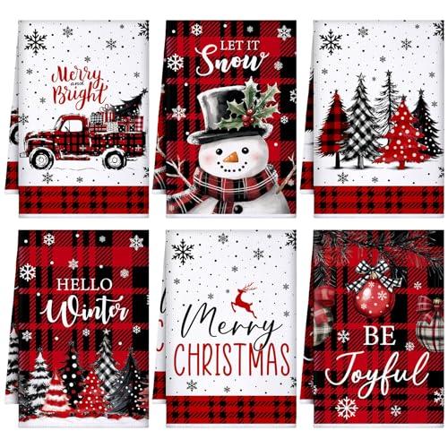 Bencailor 6 Pcs Christmas Kitchen Towels 16 x 24 Inch Winter Buffalo Plaid Dish Hand Towels Farmhouse Snowman Truck Tea Washcloths for Xmas Kitchen Decor Holiday Housewarming Gifts (Red and White)