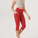 ODODOS High Waist Workout Capris with Pockets for Women, 14" / 19" Tummy Control Yoga Capri Leggings, Large, Red