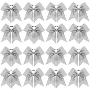 16 PCS 8" Large Glitter Cheer Bows for Cheerleaders, CN Sparkly Hair Bows with Elastic Hair Ties Accessories for Teens Girls Women Cheerleading Softball Competition Sports (Silver)