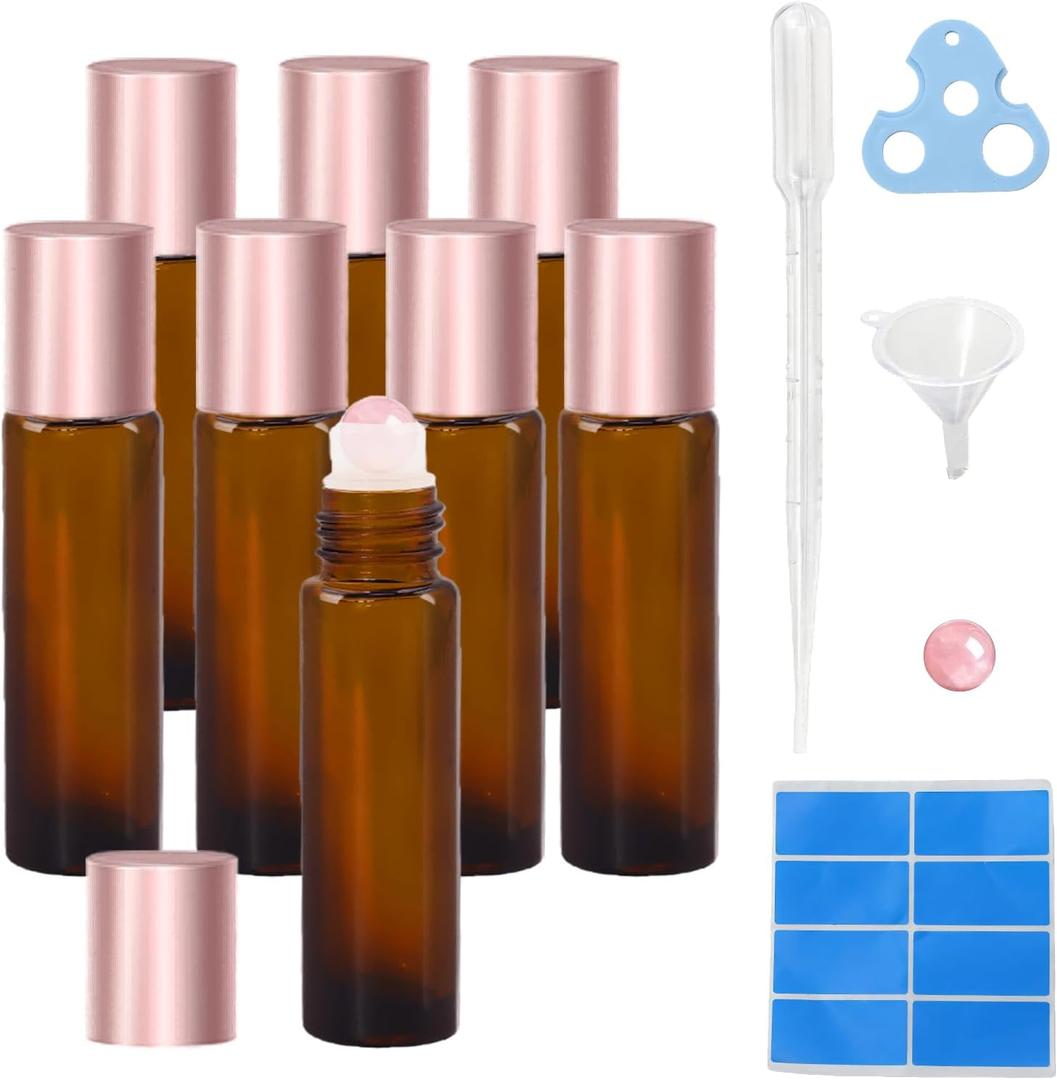 8 Pack Rose Quartz Roller Bottles for Essential Oils, 10ml Refillable Amber Glass Roll On Bottles with Natural Crystal Roller Balls, Leak-Proof Travel Perfume Bottle with Rose Gold Caps