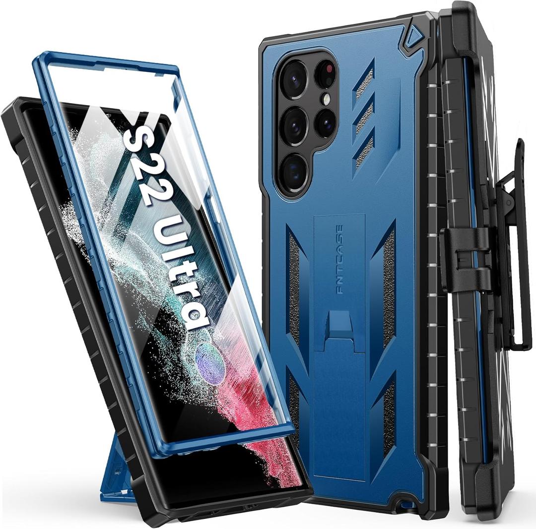 FNTCASE for Samsung Galaxy S22 Ultra Case: Built-in Screen Protector & Kickstand & Belt-Clip Holster, Full-Body Dual Layer Rugged Heavy Duty Shockproof Protective Phone Cover-Blue