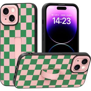Yeddabox for iPhone 14 Case with Finger Strap Kickstand, Checkered Phone Case Full Camera Protection Shockproof Soft TPU and Hard PC Back Cover for Women Men, Pink and Green