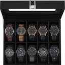 SONGMICS Watch Box, 10-Slot Watch Case Organizer with Large Glass Lid, Removable Pillows, Gift for Loved Ones, Black Synthetic Leather, Black Lining UJWB010B02