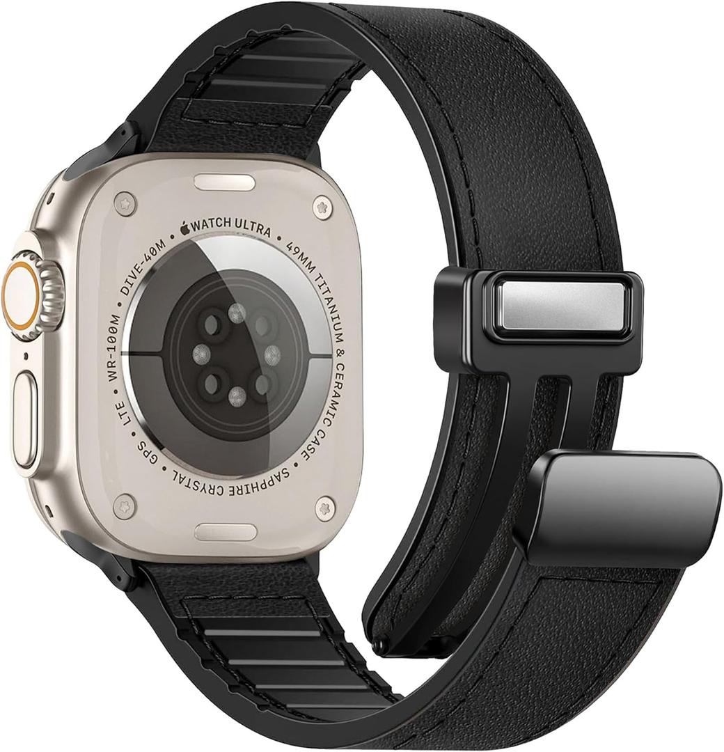 Magnetic Leather Bands Compatible with Apple Watch 42mm(Series 10/11) 41mm 40mm 38mm for Men Women, Genuine Leather with Magnetic Buckle for iWatch Series SE11/10/9/8/7/6/5/4/3/2/1