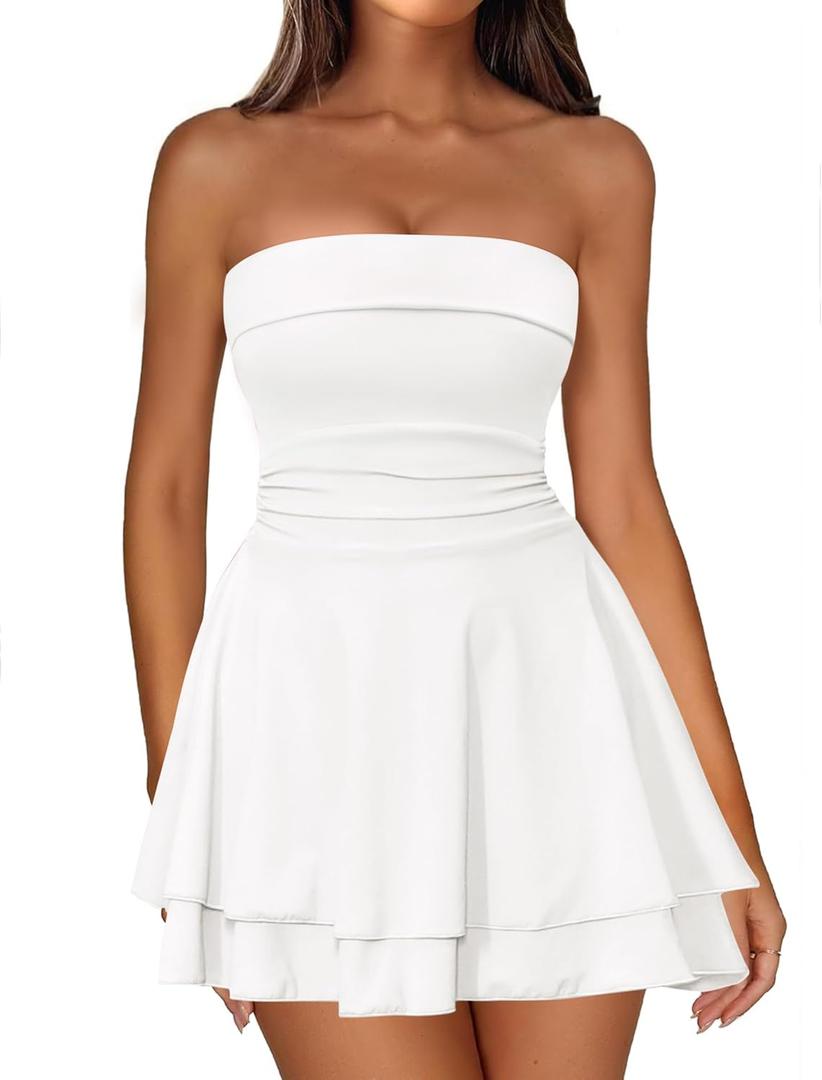 IWD Strapless Tube Dress for Women Ruched Waist Summer Mini Corset Dresses Flowy Tiered Ruffle Cute Short Graduation Dress, White X-Small