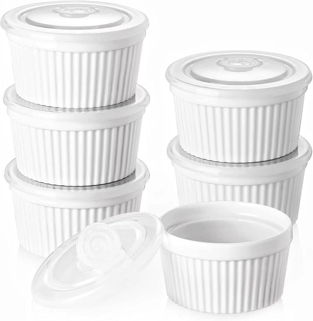 DOWAN Ramekins 8 oz Oven Safe with Lids, Creme Brulee Ramekins Bowls, Porcelain Ramiken Souffle Dishes, Custard Cups for Baking, Small Bowls for Pudding Dip Sauces Charcuterie Dessert, Soft White, Set of 6