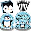 96 Pcs Penguin Birthday Party Supplies Winter Onederland Penguin Party Plates and Napkins Disposable Arctic Animal Tableware Set for Kids Birthday Baby Shower Decorations Serves 24