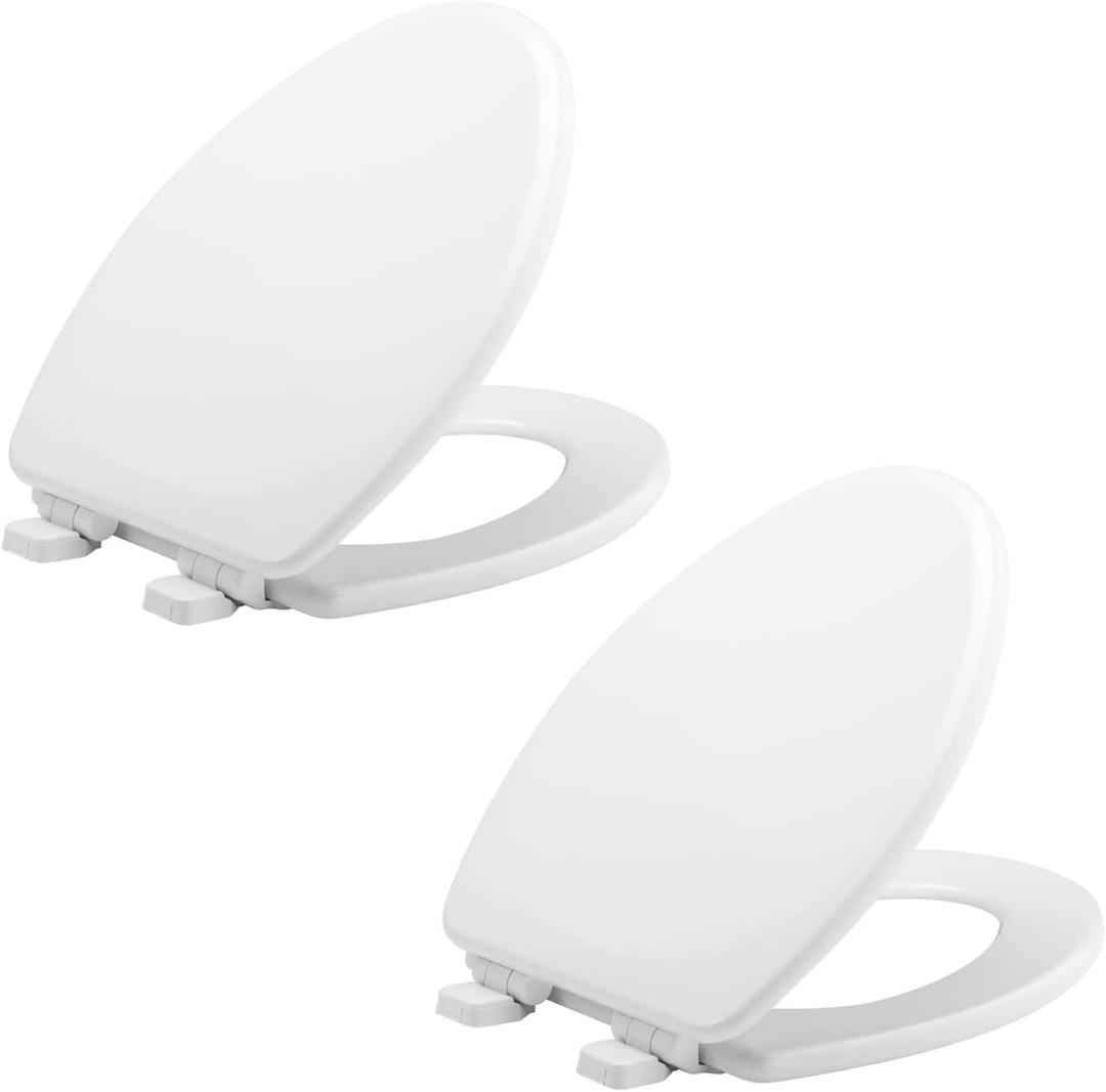 Mayfair Linden Slow Close Toilet Seat, Non Slip Heavy Duty Wood, Easy Install, Made in USA, Elongated, White, 2 Pack
