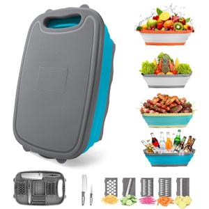 Gintan Collapsible Camping Cutting Board, 9-in-1 Chopping Board with Colander, Kitchen Vegetable Washing Basket for Camping, Camping Gifts Camping Accessories for RV Campers (Blue+Grey)