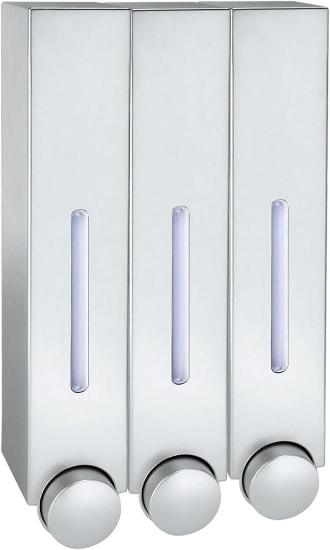 Shower Soap Dispenser,3-Chamber 420ml Wall-Mounted Shower Shampoo Conditioner Dispenser and Organizer for Bathroom Kitchen Hotel,Distributor with Non-drilled Installation (Silver)