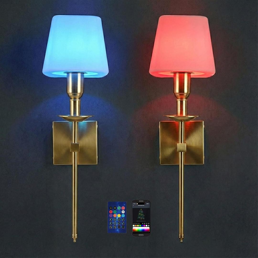 Neoglint RGB Battery Operated Wall Sconces Set of 2, Wireless LED Wall Lights Indoor with App Control, Dimmable Rechargeable Gold Wall Lamps, Music Sync, Timer for Bedroom Living Room Gaming