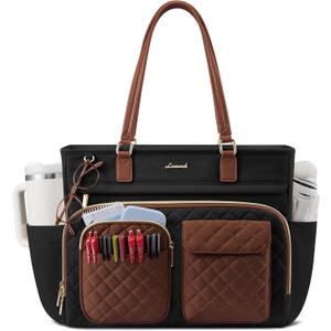 LOVEVOOK Tote Bag, Work Tote Bags for Women with Large Cup Holder, Large Capacity Teacher Tote with Multi Pockets, Nurse Diaper Bag with Padded Laptop Compartment, 15.6 Inch Black Brown