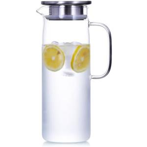 1.5 L Glass Pitcher with Lid and Spout, Cold or Hot Water Drinking Jug for Homemade Iced Tea and Juice