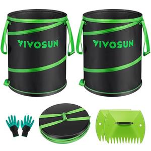 VIVOSUN 47-Gallon Collapsible Garden Bag, Yard Waste Bin with Hard-Shell Bottom, Leaf Scoops and Gloves, Collapsible Yard Waste Containers for Lawn Care and Camping, 2-Pack