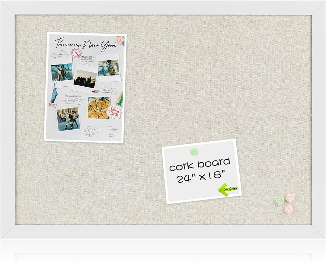 White Cork Board Bulletin Board with Linen, Wood Framed 24" x 18" Corkboard, Office Board for Wall Decor, Wall Mounted Pin Board Picture Board with 20 Pushpins for School, Home & Office