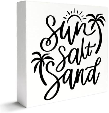 Pack Of 6 Beach Decor Wooden Box Sign, Beach Room Home Bedroom Bathroom Decor Beach House Ocean Coastal Sea Decoration, Sun Salt Sand, Beach Gifts for Women Men