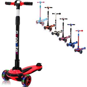 3 Wheels Kick Scooter for Kids Teens Ages 6-18 Years Extral Wide Deck 4 Adjustable Height and Foldable Handlebar LED Flashing Glider Push Scooter for Boys Girls (Red)