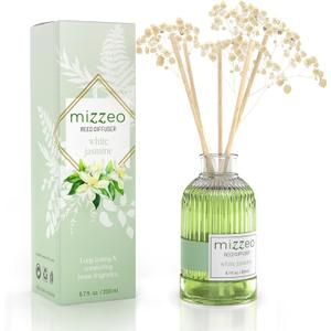 MIZZEO Reed Diffuser Set, White Jasmine 6.76 fl oz Highly Scented Room Diffuser Home Fragrance Essential Oil Reed Flower Diffuser, House Bedroom Office Decor & Gifts