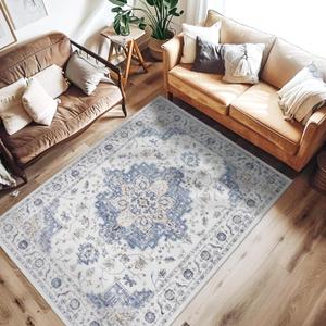 jinchan Area Rug 4x6 Vintage Washable Bedroom Rug Floral Medallion Lightweight Non Slip Thin Retro Classic Soft Boho Floor Cover Farmhouse Carpet for Living Room Dining Room Kitchen Blue
