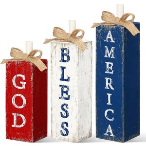 3 Pcs God Bless America Memorial Day Decorations Vintage 4th of July Tiered Tray Decor Patriotic Wood Block Sign Red White and Blue Decoration Farmhouse Independence Day Table Centerpiece