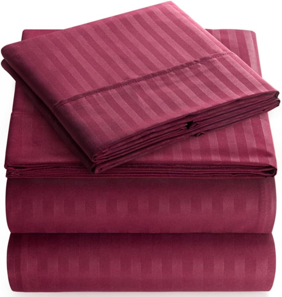 Elaine Karen Queen Sheet Set - 4-Piece Striped Queen Size Bed Sheets - Soft & Cooling Deep Pocket Queen Bed Sheet Set - Wrinkle-Free Microfiber Bedding with 1 Fitted Sheet, 1 Flat Sheet, 2 Pillowcases (Burgundy)