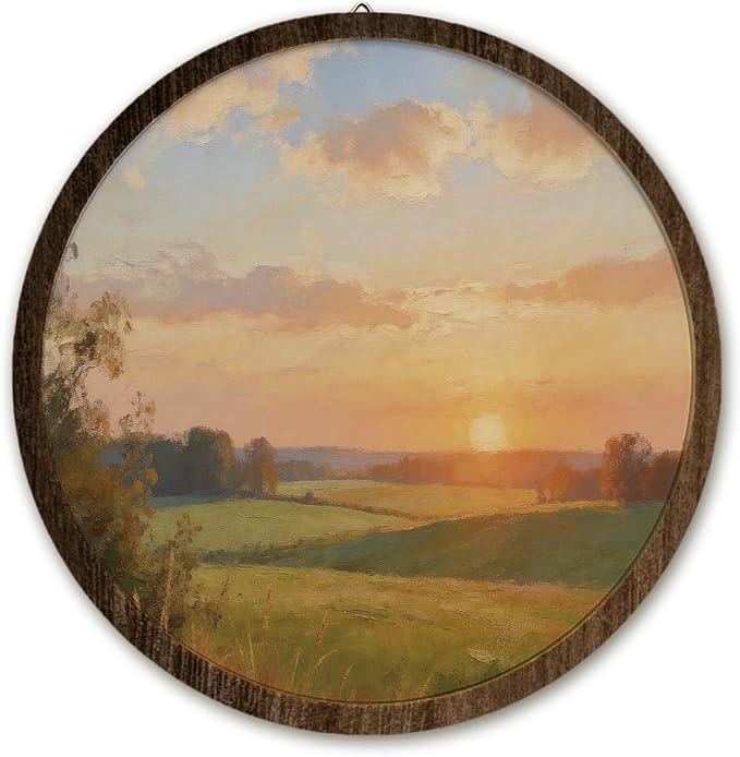 IORAFOUDUO Vintage Sunset Landscape Framed Round Wall Art Decor | Cottagecore Wall Decor for Bathroom Bedroom, Farmhouse Sunset Landscape Art for Living Room Office, 10x10 Inch