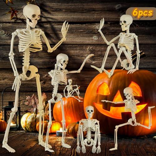 6 Packs Skeleton Halloween Decorations Outdoor with 16" Full Body Posable Joints Skeletons Decor, Halloween Party Decor Indoor, Garden Yard Lawn Graveyard Haunted House Props Spooky Party Decorations