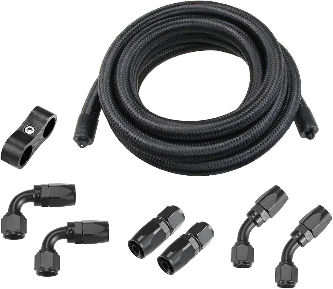 10AN CPE Fuel Hose Line Fitting Kit AN10 Nylon Braided Fuel Hose 10FT Black ID: 0.56 inch (14.2mm)
