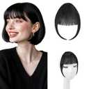 Clip on Bangs Real Human Hair, Black Soft Layered Fake Bangs with Feathered Fringe Hairpieces for Women Curved Bangs for Daily Wear(Wispy Black)