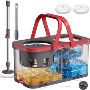 SONGMICS Spin Mop and Bucket Set, 2 Washable Microfiber Mop Heads, Wheels