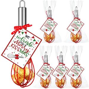 Zhehao 6 Sets 10 Inch Christmas Whisk Baking Gifts Sets Includes Stainless Steel Whisk Greeting Cards Ribbon and Plastic Bags for Neighbor Family Cooking Supplies Christmas Stocking Stuffers Ideas