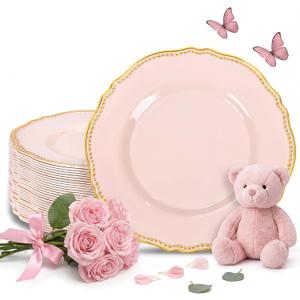 Hioasis 60pcs Pink Plastic Plates - Pink and Gold Disposable Dinnerware with Gold Rim, Heavy-duty, 10 inch, Dinner Plates for Party & Mothers Day
