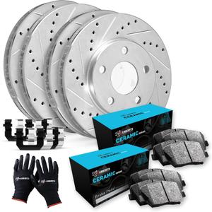 R1 Concepts Front and Rear Brake Kit For 2013-2017 Honda Accord| Drilled Slotted Brake Rotors| Ceramic Brake Pads and Rotors Kit|Hardware included