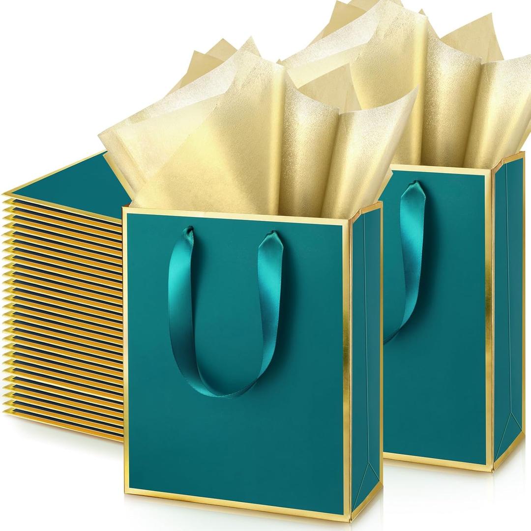 Yeaqee 50 Pack Metallic Gift Bags with Handle and Tissue Paper Gold Foil Thank You Bag for Thanksgiving Day Christmas Wedding 5 Senses Gifts Holiday Party Favors 9x7x3.15''(Turquoise Gold)