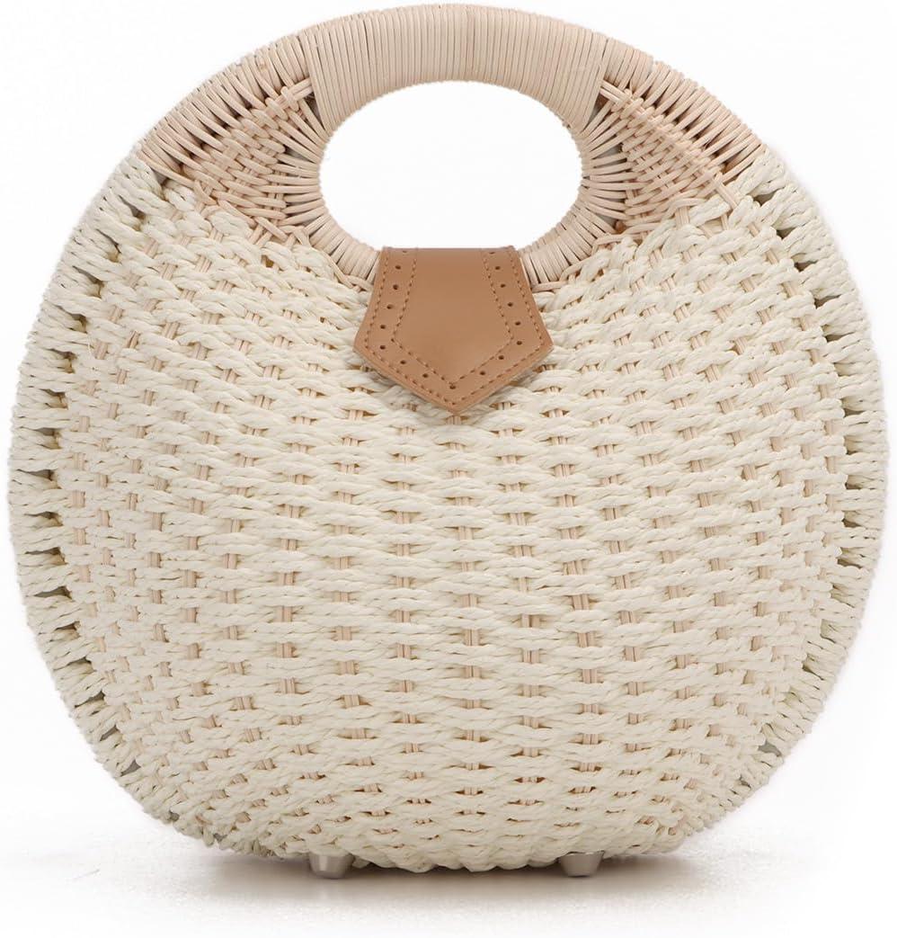 Ynport Straw Purses for Women Summer Beach Rattan Tote Bag Round Handle Ring Handbag Retro Handmade Woven Shell Bag (White)