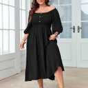 SHESTARR Women's Plus Size Casual Dresses Square Neck Button Up Smocked 3/4 Puff Sleeve Empire Wasit A-line Flowy Midi Dress (Black, XXL)