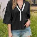 Saodimallsu Womens Short Sleeve Sweater Tops V Neck Collared Oversized Color Block Casual Summer Knit Polo Shirts (Black, M)