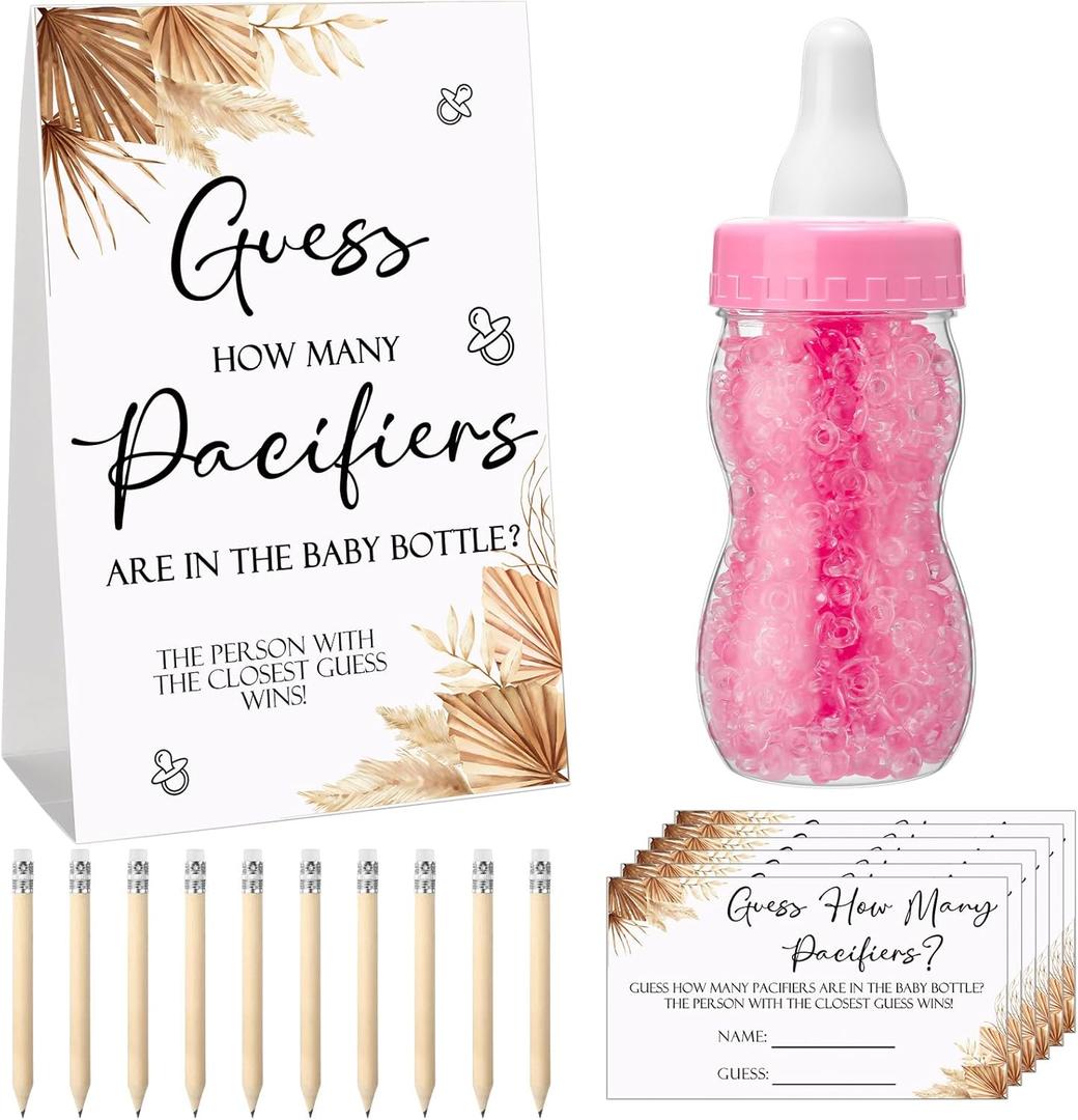 Roowest 512 Pcs Baby Shower Games Guess How Many Pacifiers Sign 100 Small Guessing Games 10 HB Pencils 750ml Milk Bottle 400 Acrylic Pacifiers Decoration for Guest Gender Reveal(Pink, Boho)