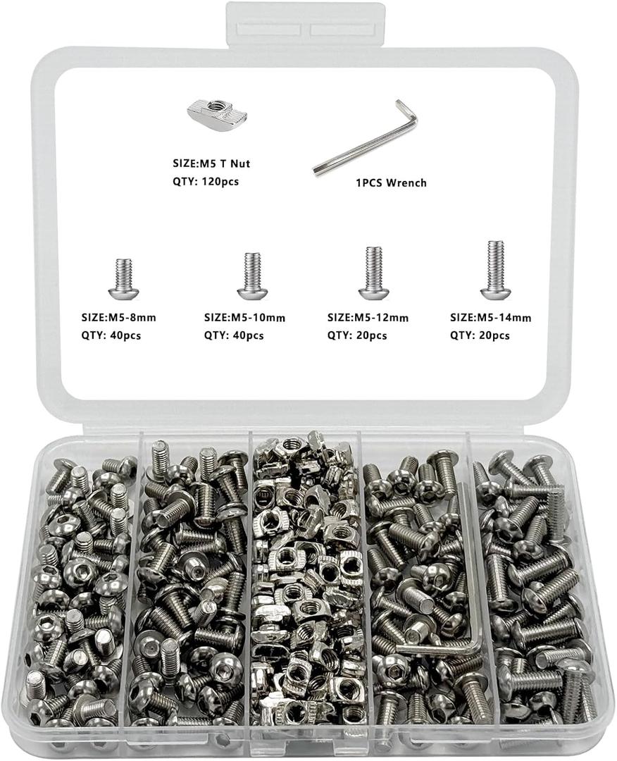240 pcs M5 T Nut Screws Kit for 2020 2040 2080 Aluminum Extrusion, 120 pcs Silver M5x8/10/12/14mm Hexagon Socket Screws and 120 pcs M5 Drop in T-Nuts with 1 pcs Hex Wrench