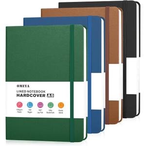 OMEYA 4 Pack Lined Journal Notebooks for Work, 100gsm Thick Paper, 5.7"x 8.3", College Ruled A5 Notebook Bulk, Leather Journal for Writing, Hardcover Notebooks for School, Office, Journal for Men