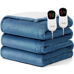 Homemate Electric Heated Blanket Queen Size - 84"x90" Heating Blanket Queen Size Dual Control 1/2/4/6/8 Hours Auto-Off 10 Heat Level Over-Heat Protection Flannel Sherpa ETL Certification (08 - Light Blue)