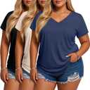 Evervibe 3 Pack Women's Plus Size T-Shirts, V Neck Short Sleeve Shirts Loose Fit Curved Hem Tees Casual Swing Tops (XXXL)