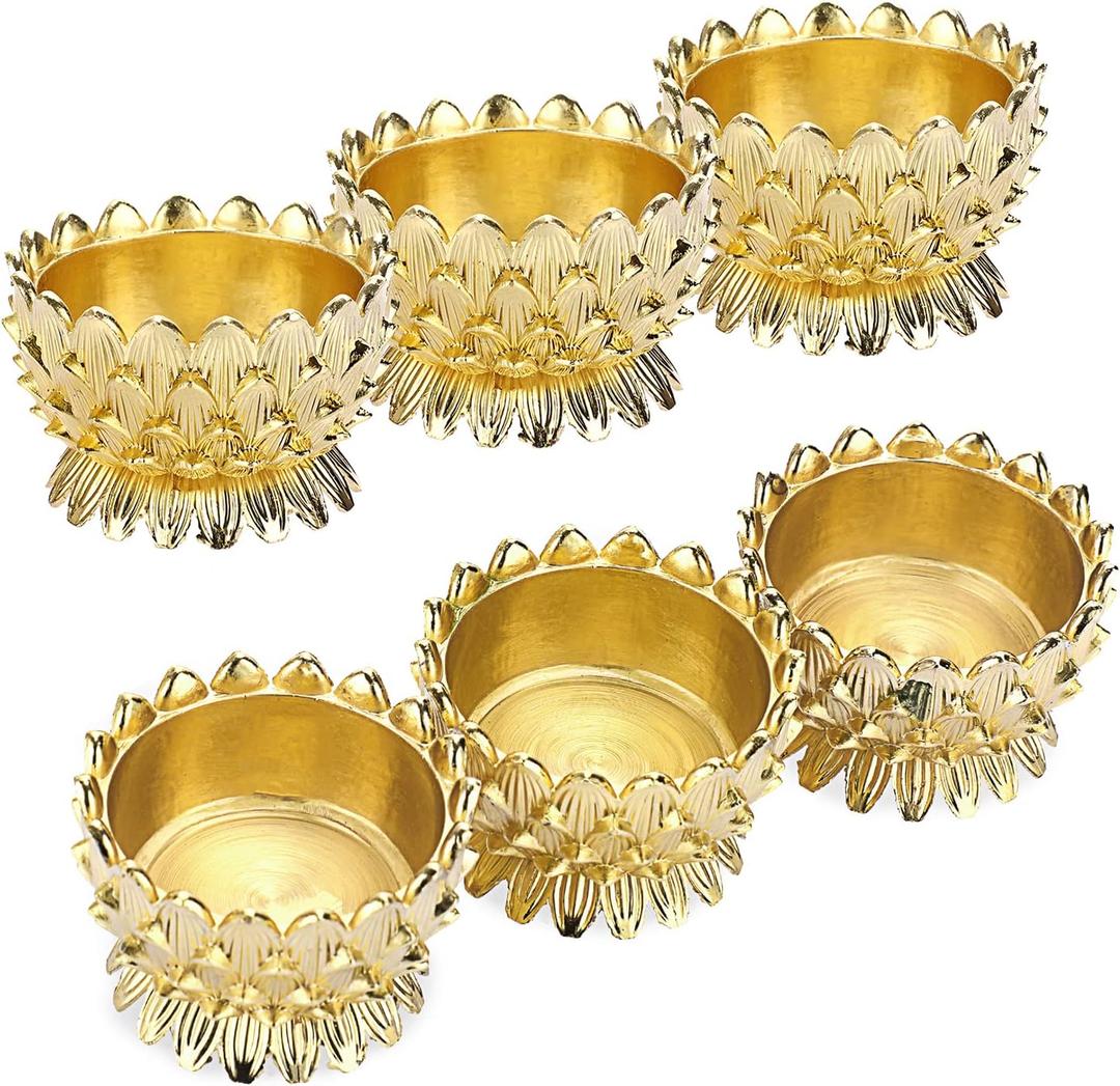 OwnMy 6 PCS Metal Lotus Ghee Oil Lamp Holder Gold Lotus Tea Light Candle Holders Set, Altar Diya Butter Lamp Holders Candle Centerpieces for Diwali Puja Pooja Decoration