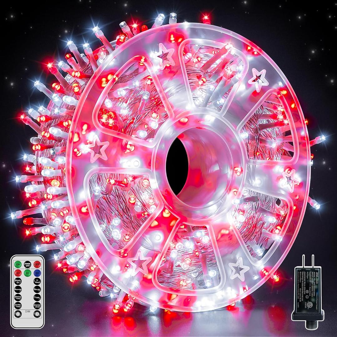 Guhope Christmas Lights 600 LED 98FT, Waterproof Outdoor String Lights with Remote and Timer, 8 Modes Dimmable Fairy Lights for Indoor Outdoor Wedding Party Holiday Decorations (Red and White)