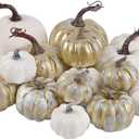 winemana 16 Pcs Golden and White Pumpkins Thanksgiving Pumpkin Decorations Assorted Sizes, Artificial Foam Harvest Autumn Decor, Fake Pumpkins Fall Decorations for Indoor Home Kitchen Table Mantle